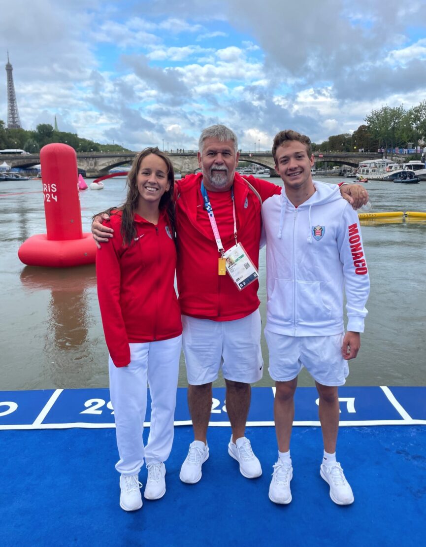 Lisa Pou avec Michel Pou et son partenaire d'entraînement Théo Druenne.