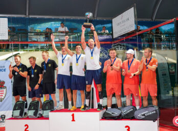 Guillaume Oversteyns, Quentin Lazzarini et Hugo Luttenauer (ASSP) sur le podium de la Coupe d'Europe Padel Police.